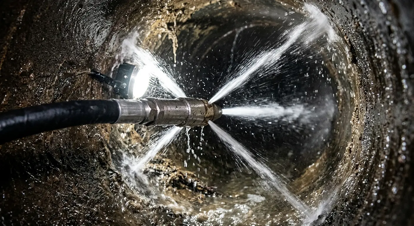 High-pressure hydro jetting nozzle cleaning sewer pipe for Sewer Line Relining in Ellsworth