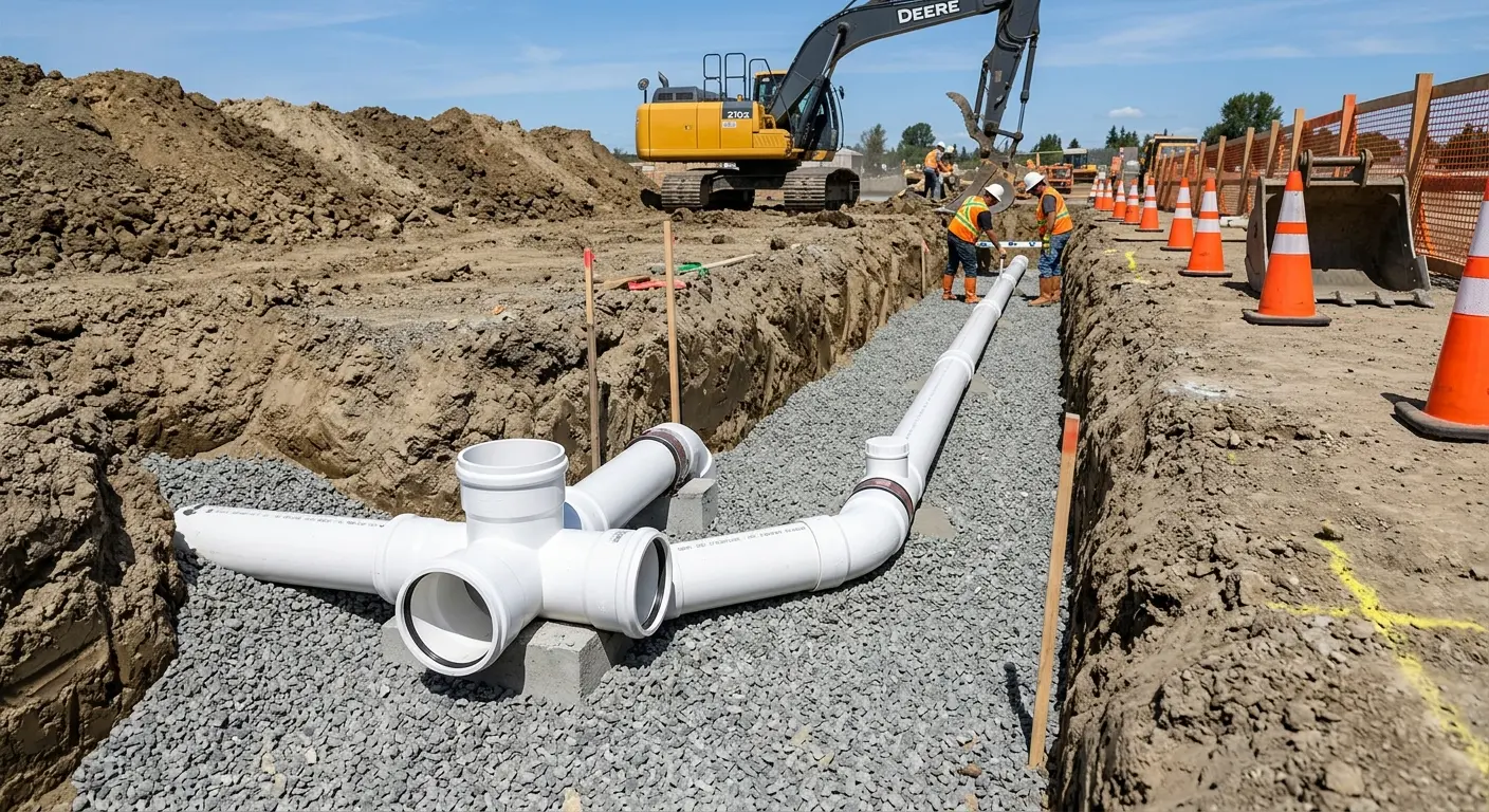New PVC sewer pipe installation in open trench for Commercial Drain Cleaning in Ellsworth
