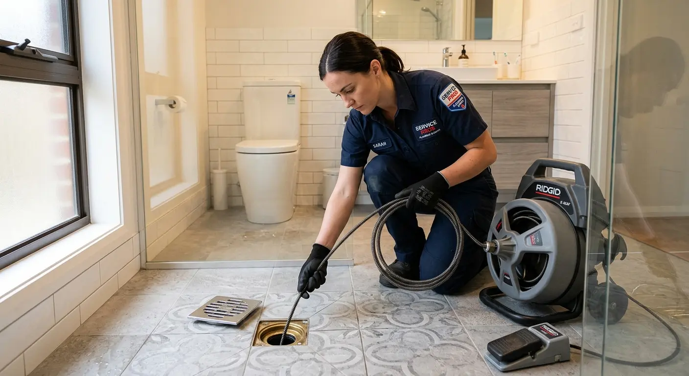 Technician clearing a bathroom floor drain for Drain Cleaning in Ellsworth